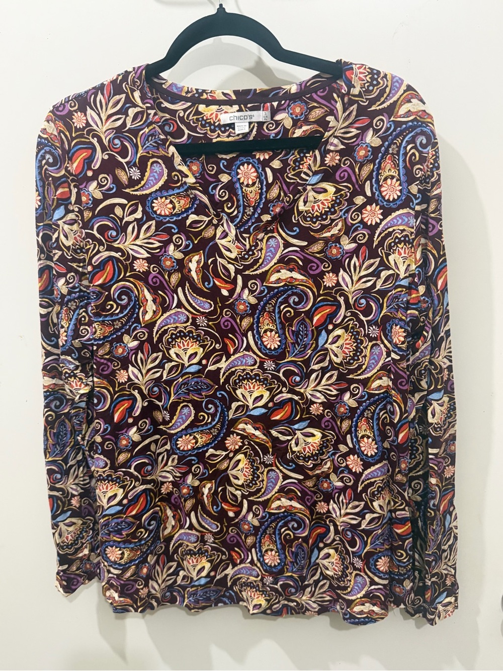 Chico’s Size 3 XL Burgundy Paisley Floral Long Sleeve Boho Top